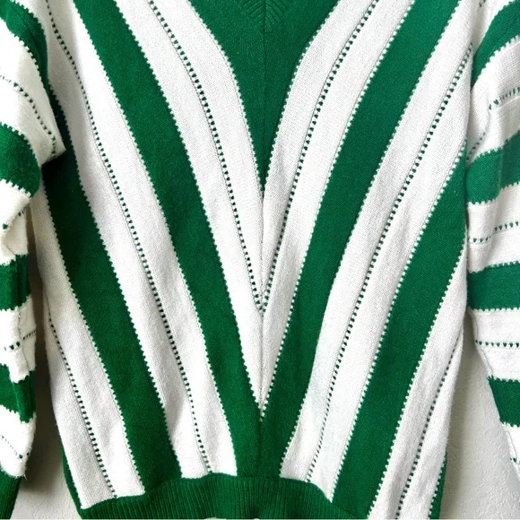 PRETTY GARDEN Pullover Knit Sweater V-Neck Color Block Stripe Green Whit… - Picture 5 of 8